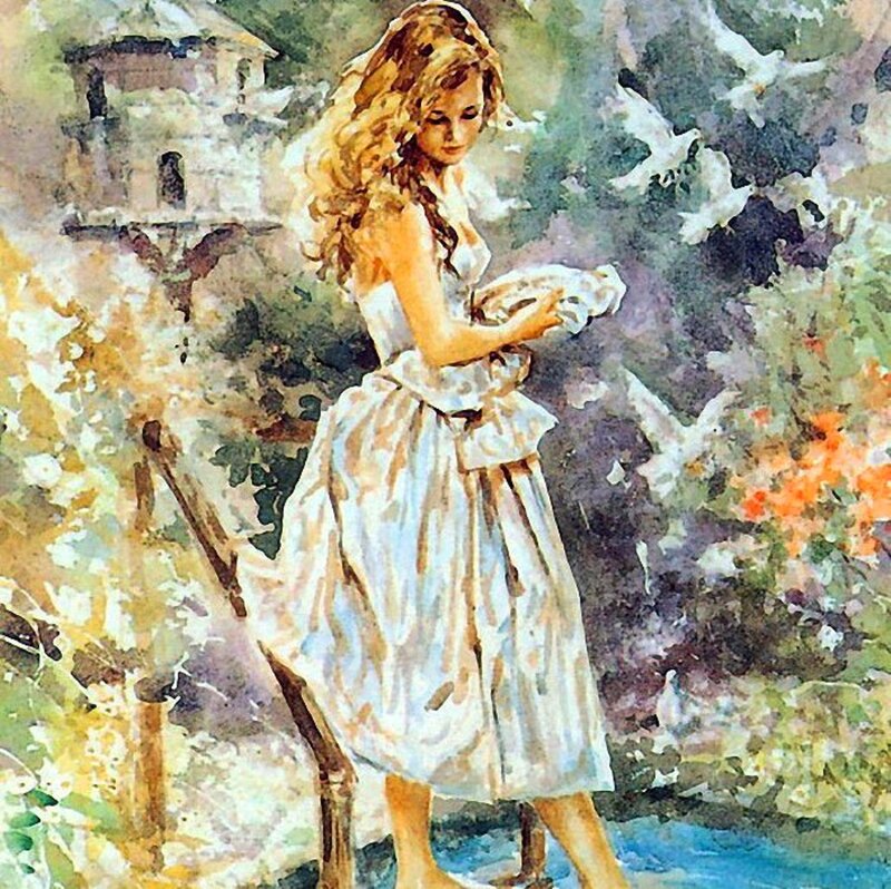Woman Feeding Birds — White