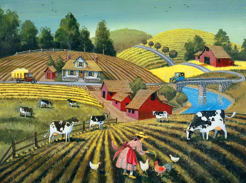 Woman Feeding Chickens — Yellow