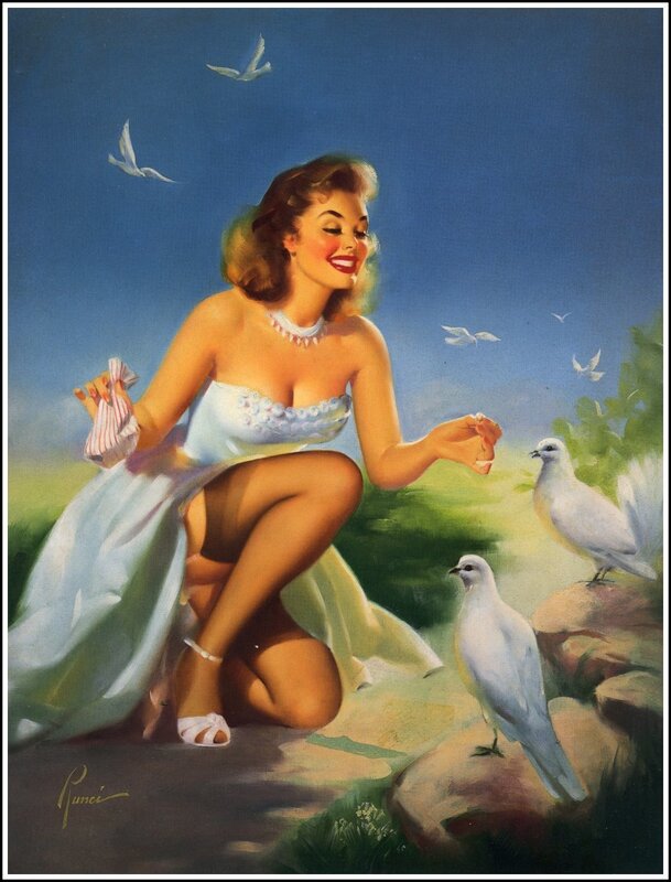 woman feeding doves in garden
