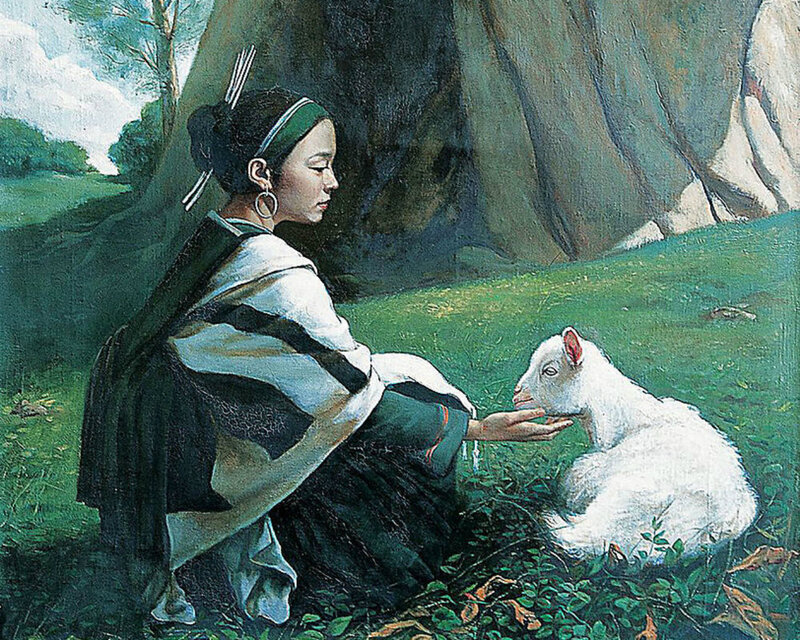 Woman Feeding Lamb — Green