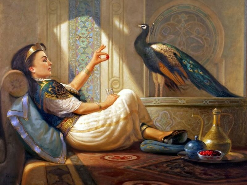 Woman Feeding Peacock — Blue