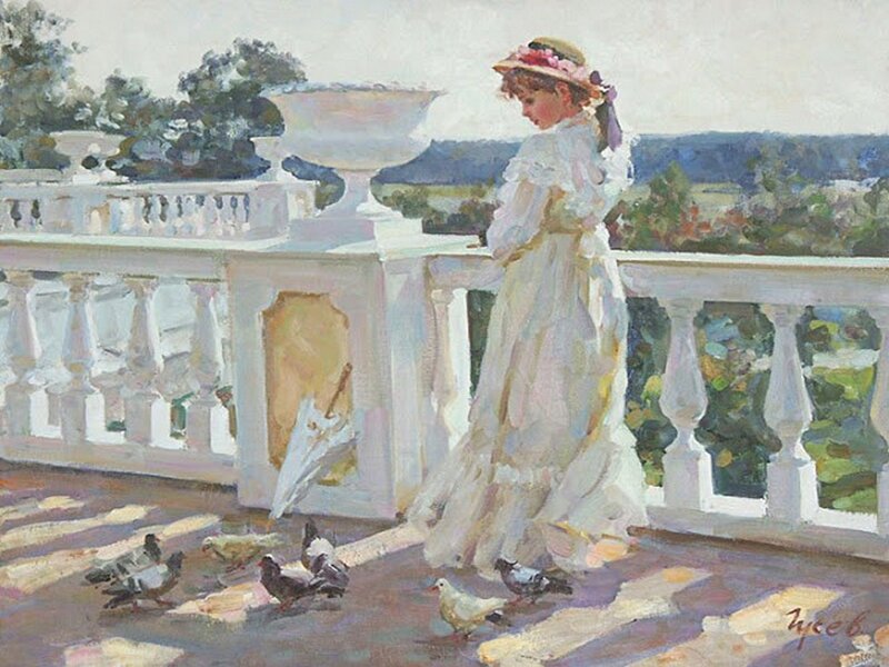 Woman Feeding Pigeons — White