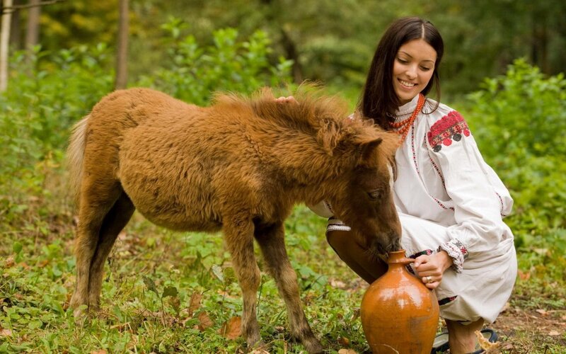 Woman feeding pony from jug