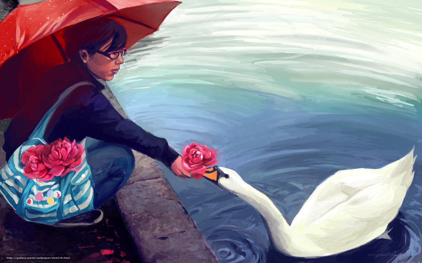 Woman feeding swan with rose