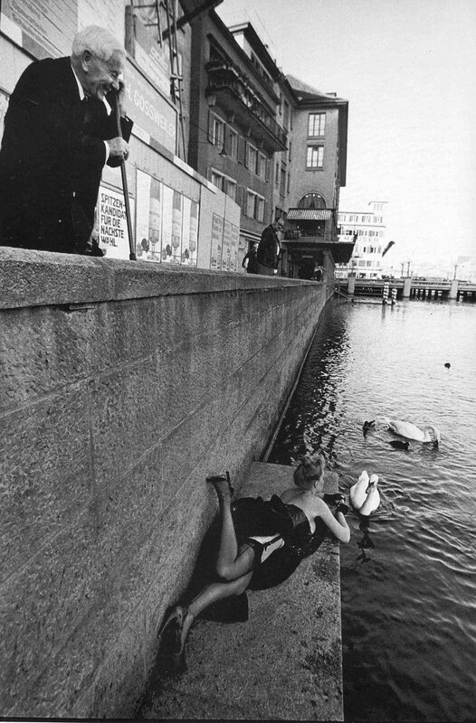 Woman feeding swans by river