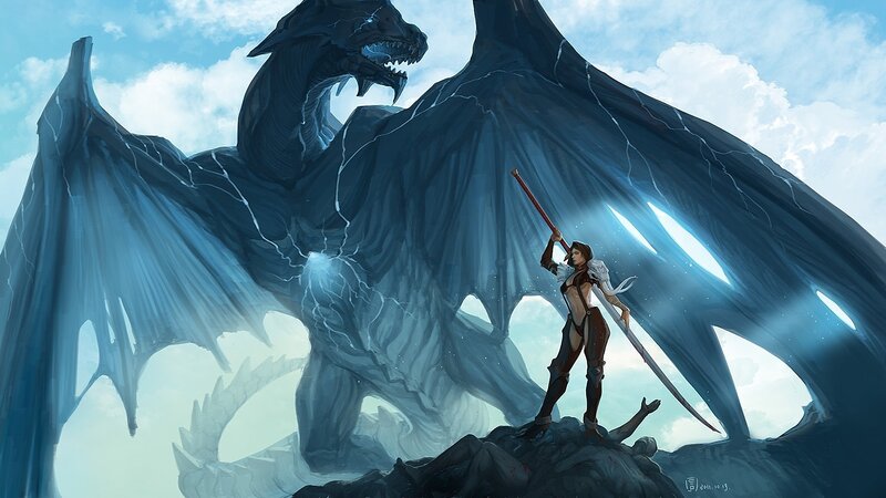 Woman Fighting a Dragon — Blue, Dramatic, Afternoon