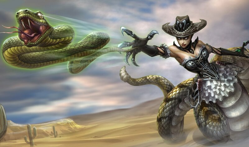 woman fighting a giant snake