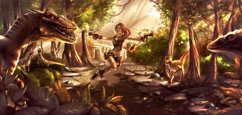 Woman Fighting Dinosaurs