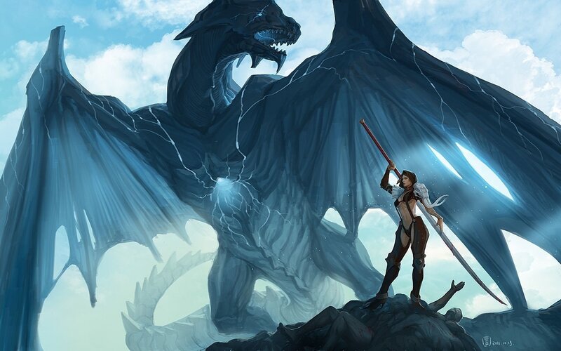 Woman Fighting Dragon — Blue, Dramatic, Afternoon