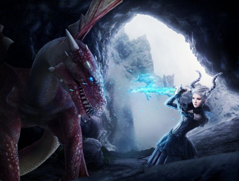 Woman Fighting Dragon — Blue