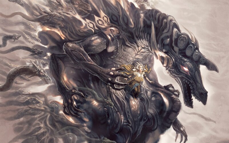 Woman Fighting Dragon — Gray, Dramatic