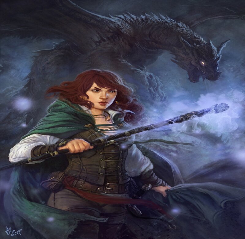 Woman Fighting Dragon — Green, Dramatic, Night
