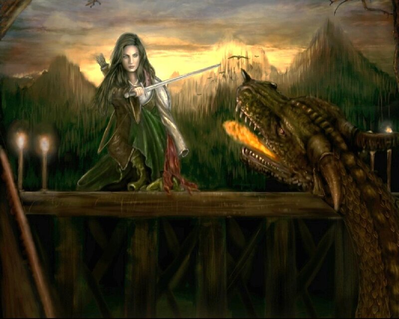Woman Fighting Dragon — Green