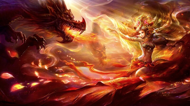 Woman Fighting Dragon — Red, Dramatic, Digital Art