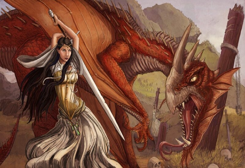 Woman Fighting Dragon — Red, Dramatic, Illustration