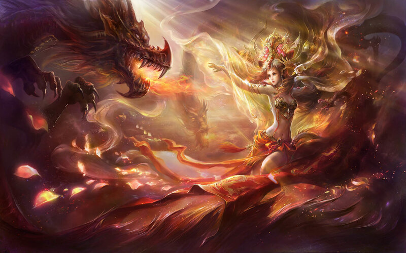 Woman Fighting Dragon — Red