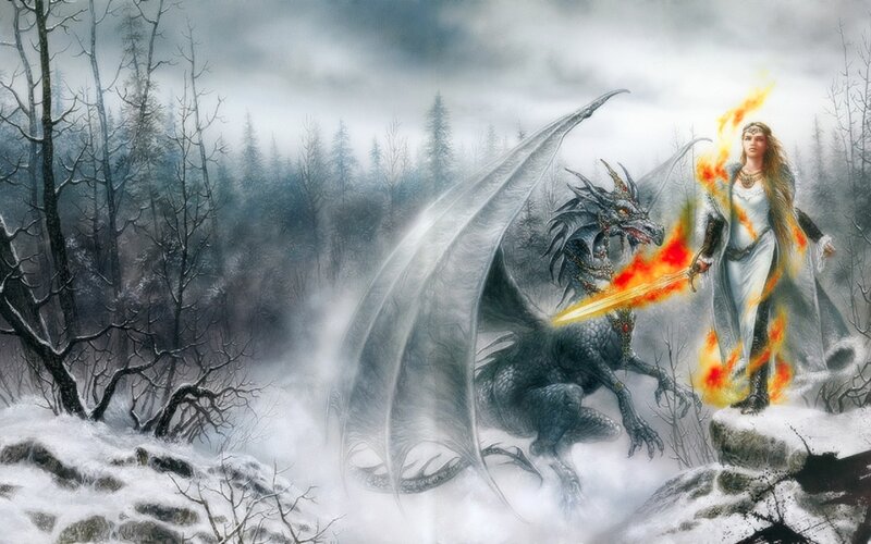 Woman Fighting Dragon — White