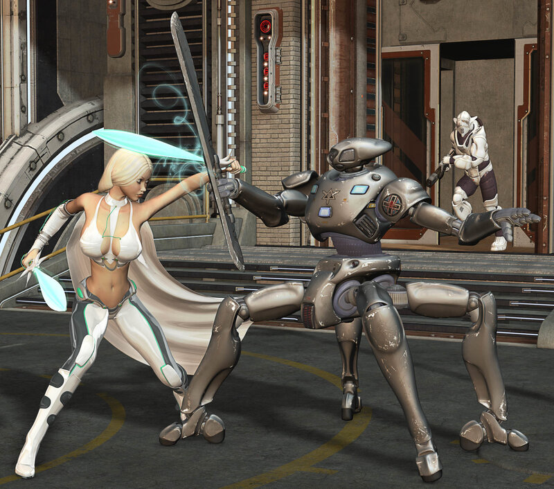 Woman fighting robot in sci-fi setting