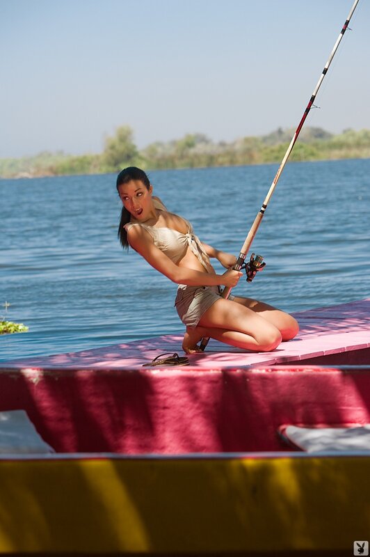 Woman Fishing on Boat — Blue, Outdoor