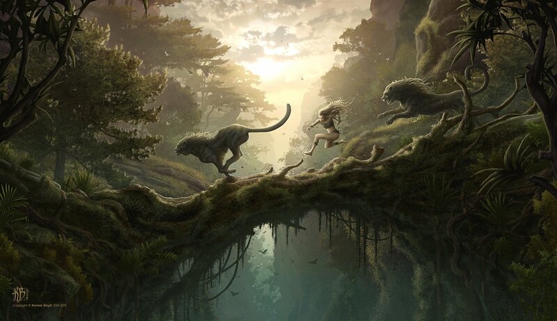 Woman fleeing beasts in jungle
