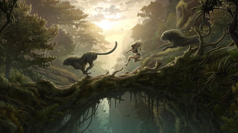 Woman fleeing beasts in jungle