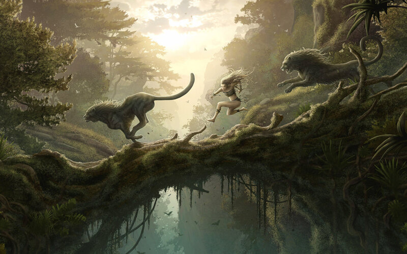 Woman fleeing beasts in jungle