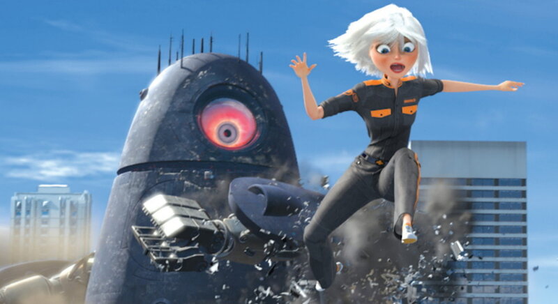 Woman fleeing giant robot