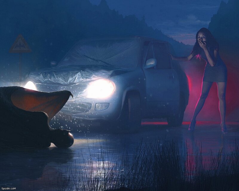 Woman fleeing monster at night