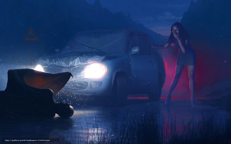 Woman fleeing monster at night
