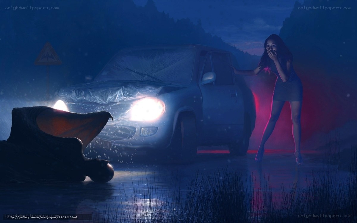 Woman fleeing monster at night