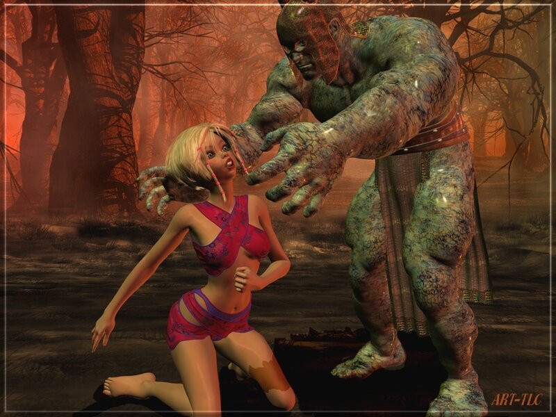 Woman fleeing monster in forest