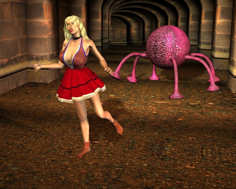 Woman fleeing pink spider