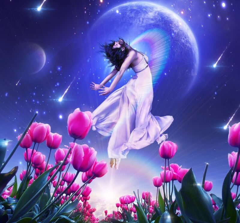 Woman Floating Above Flowers