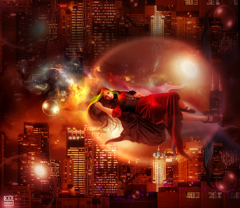 Woman Floating in City