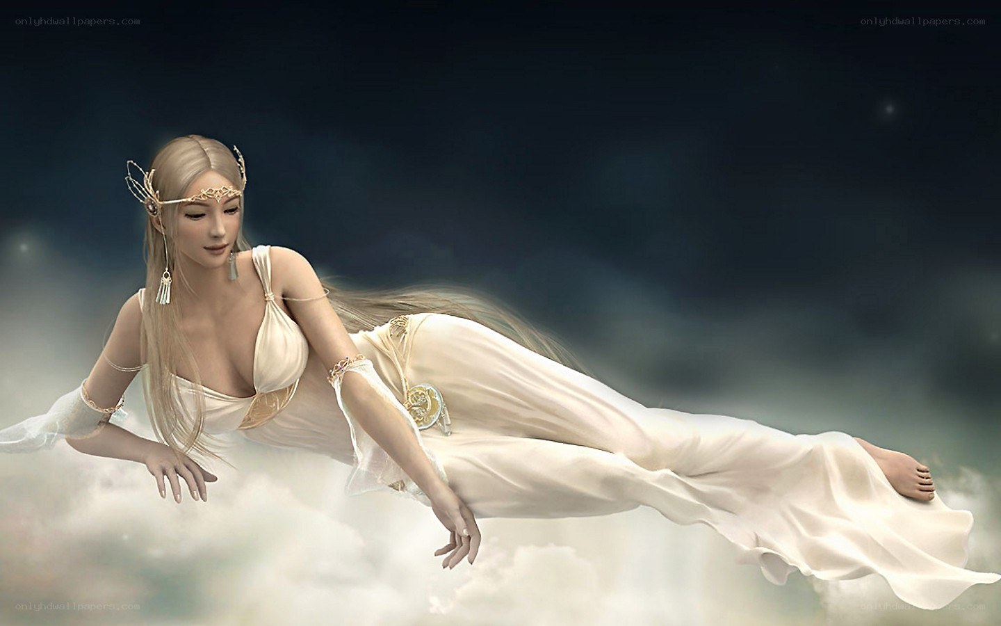 woman floating in clouds