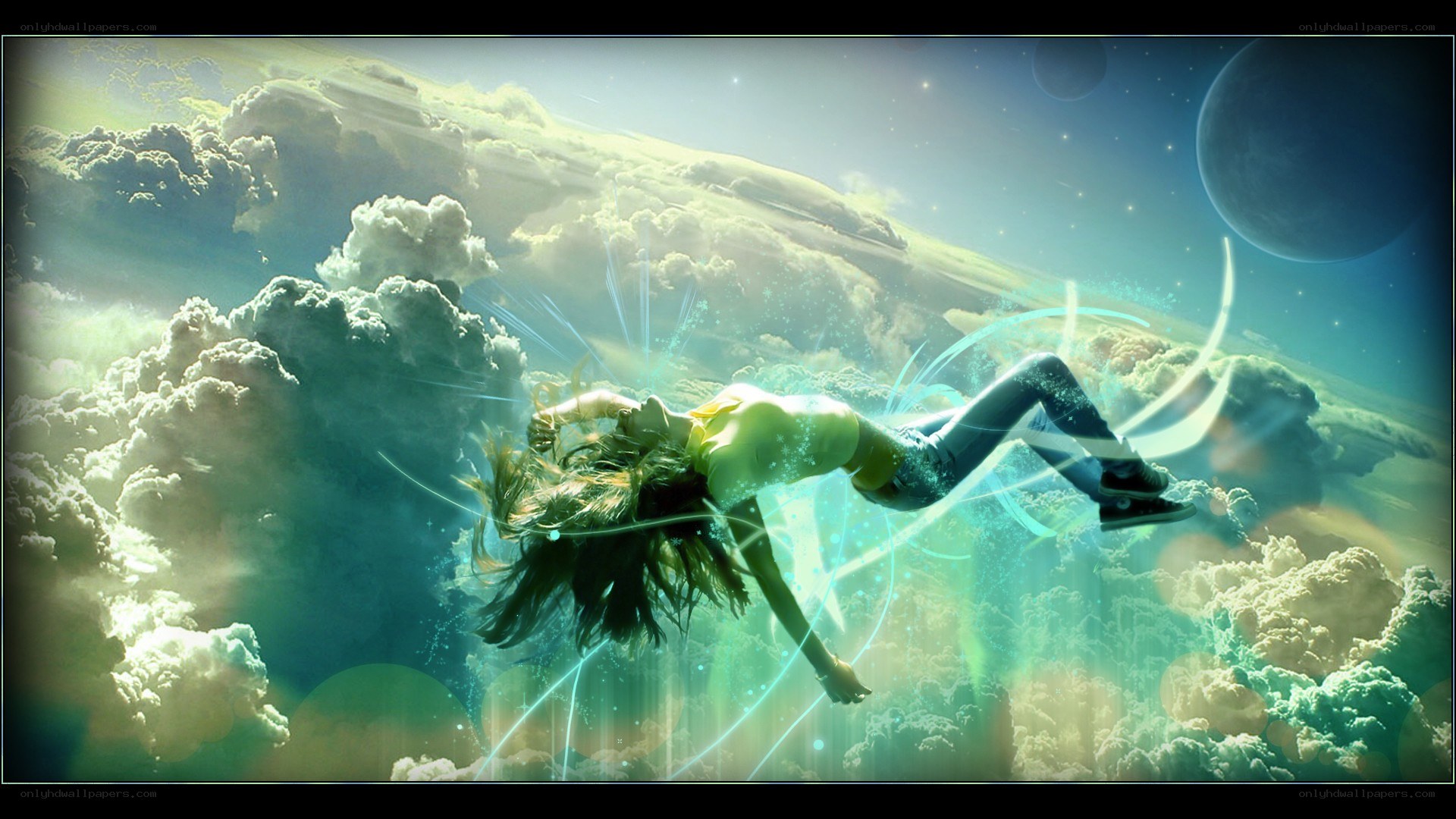 woman floating in clouds