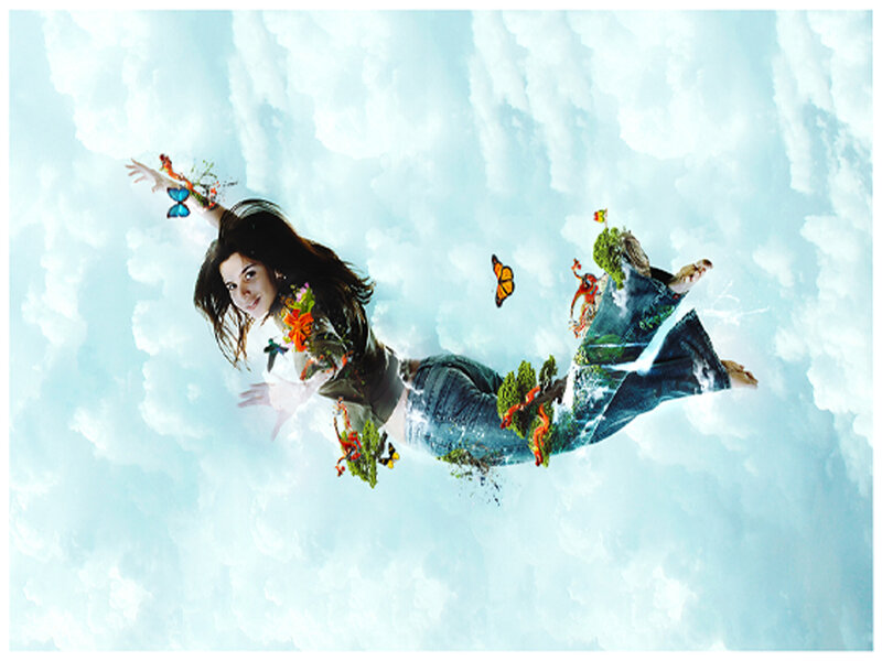 Woman Floating in Clouds — Blue