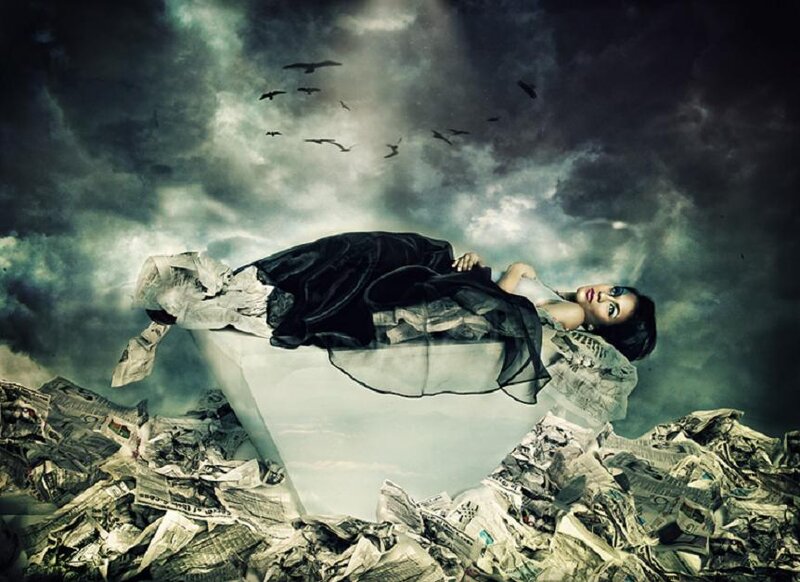 Woman Floating in Clouds — Gray, Dramatic
