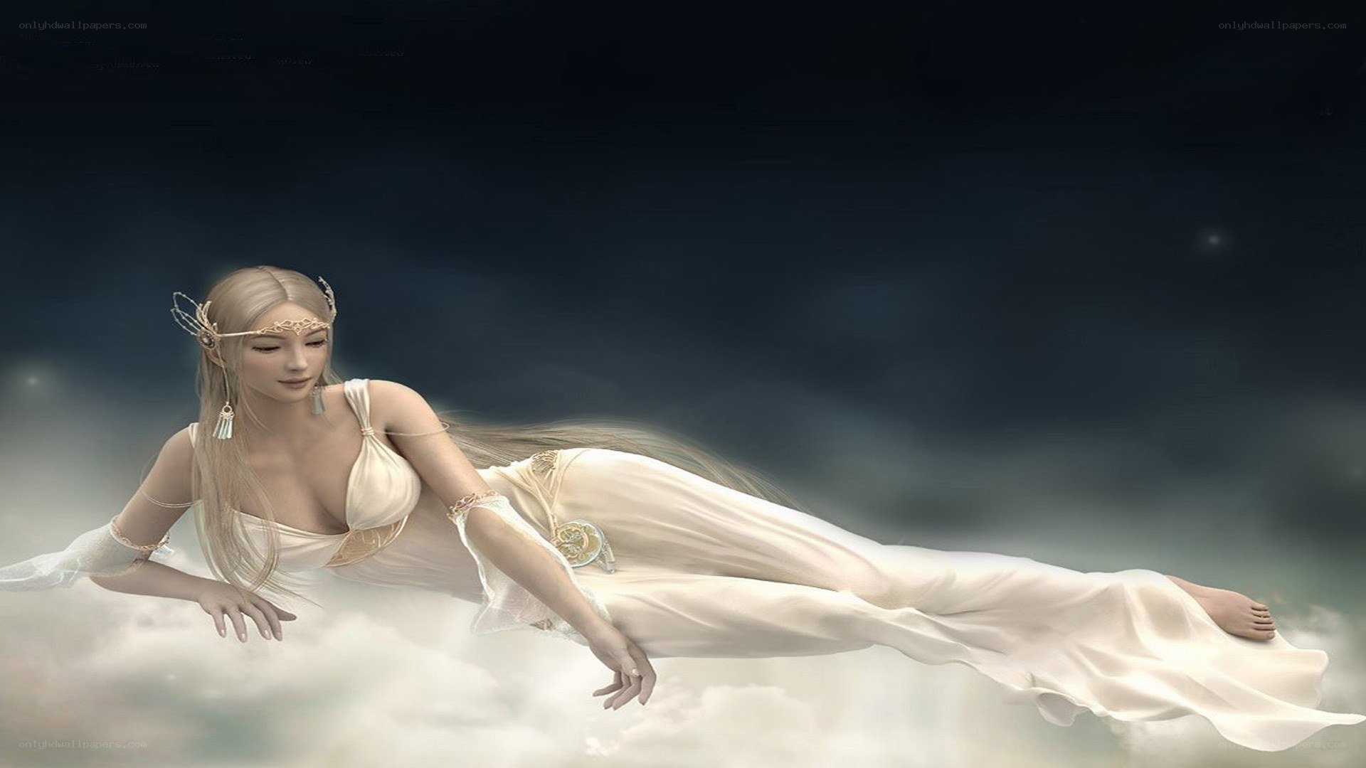 woman floating in clouds