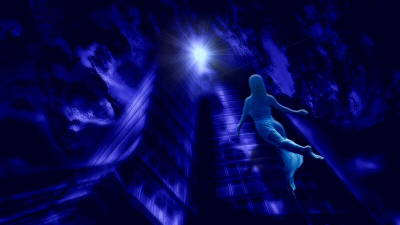 Woman Floating in Dark Space — Blue