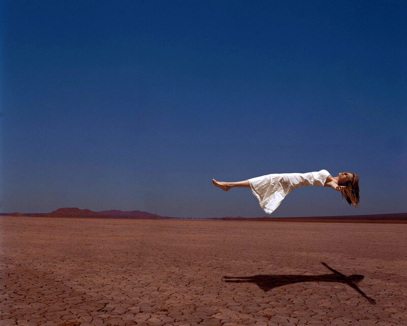 Woman Floating in Desert — Blue, Dramatic, Afternoon