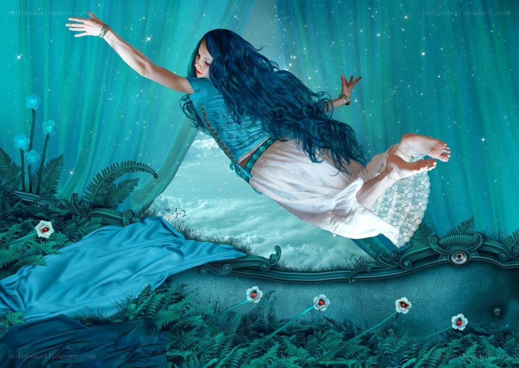 woman floating in dreamlike world