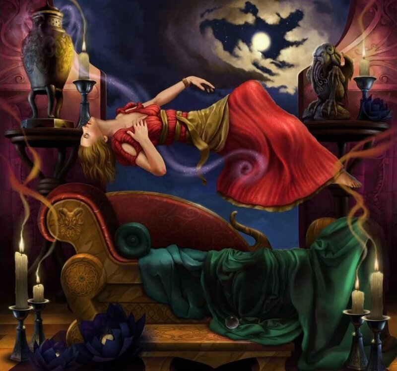 woman floating in mystical room