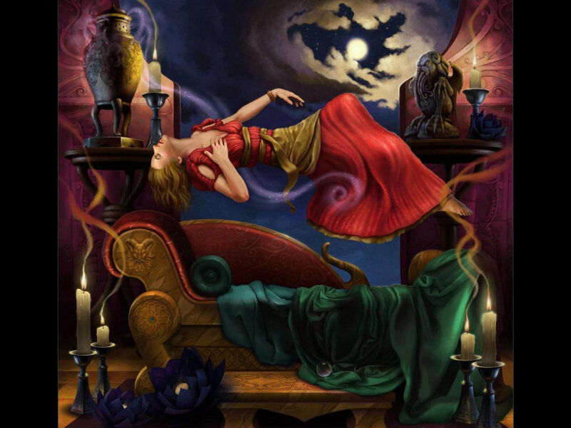 woman floating in mystical room