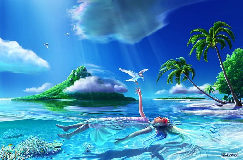 Woman Floating in Ocean — Blue, Serene, Afternoon, Digital Art, Palm Trees, Island