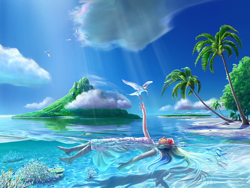 Woman Floating in Ocean — Blue, Serene, Afternoon, Digital Art, Palm Trees