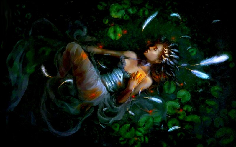 Woman Floating in Pond — Green, Dreamy