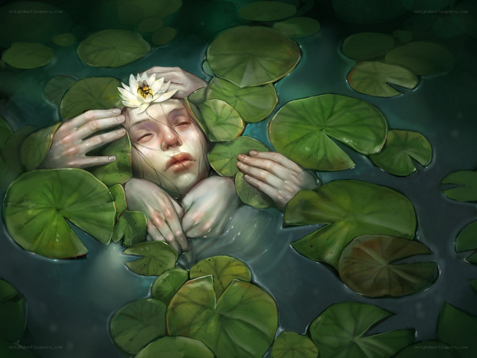 woman floating in pond
