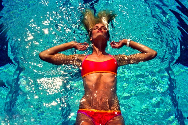 Woman Floating in Pool — Blue, Relaxed, Afternoon, Photograph, Swimsuit, Pool Water, Sunlight