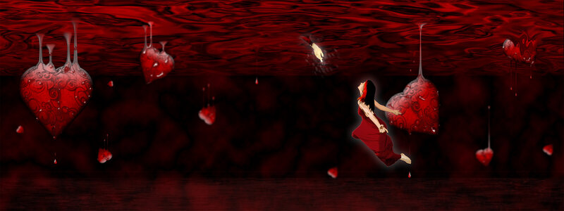woman floating in red heart world